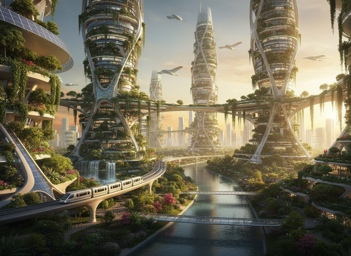 Cinematic landscape of a futuristic eco-city