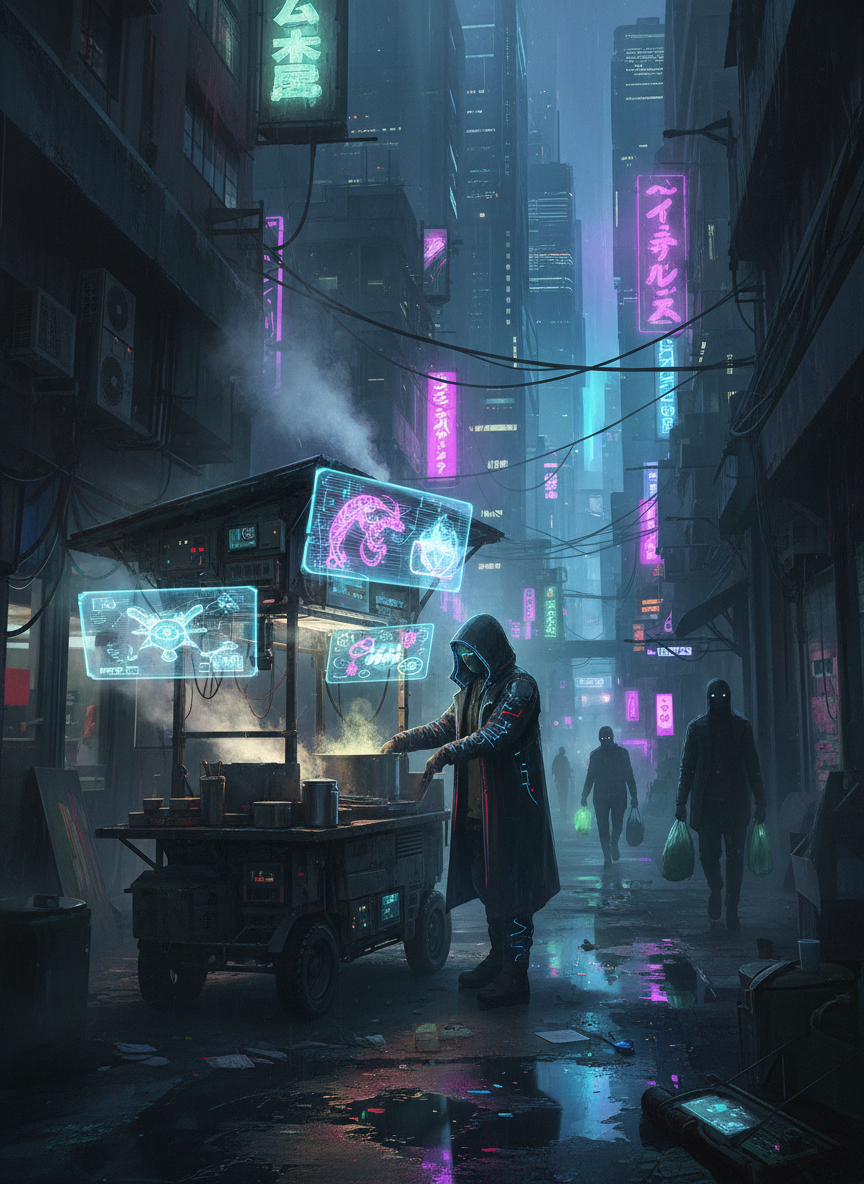 Cyberpunk street food vendor at night