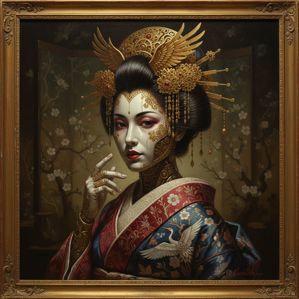Oil painting portrait of a robotic geisha