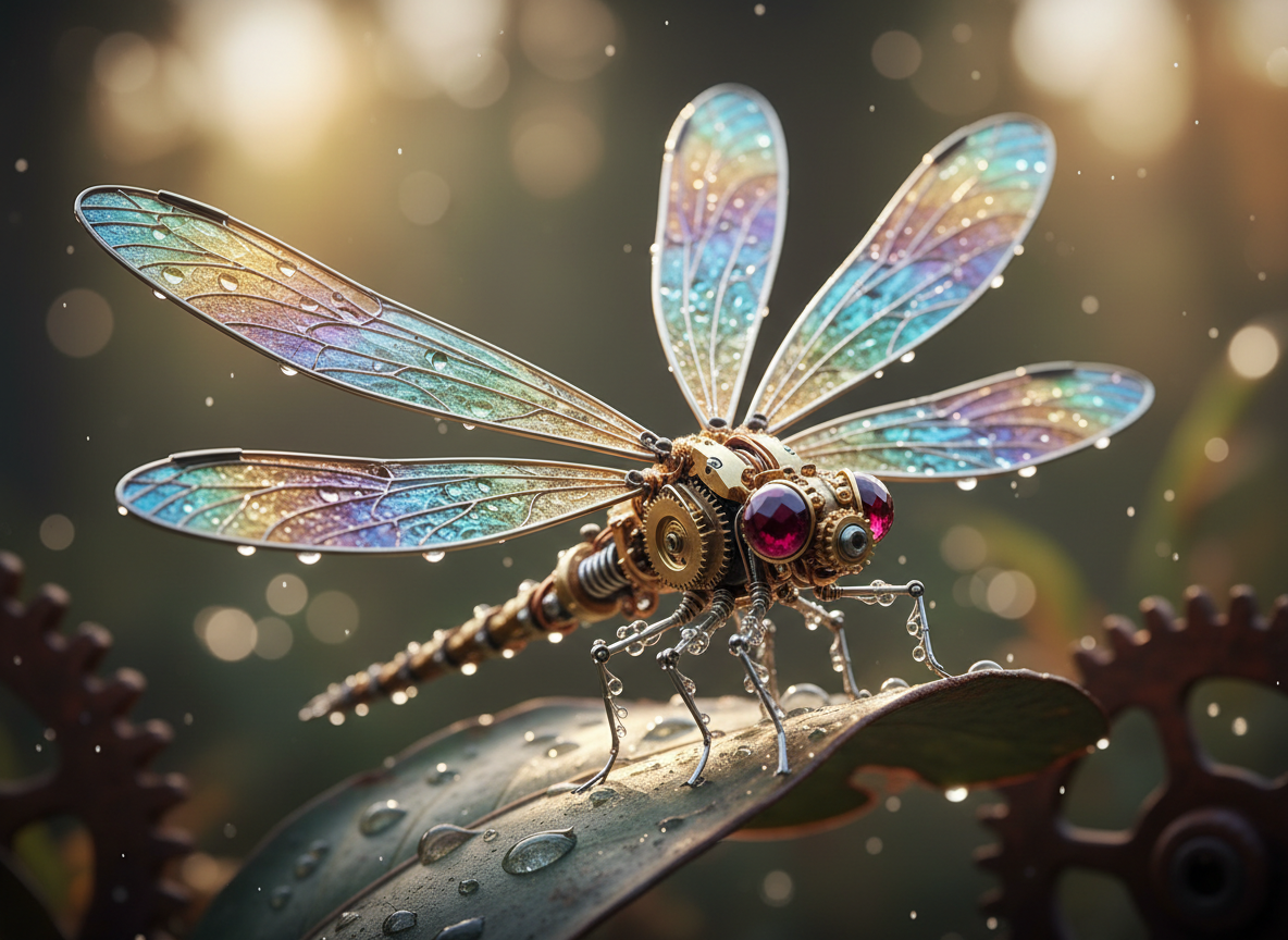 Macro photography of a mechanical dragonfly